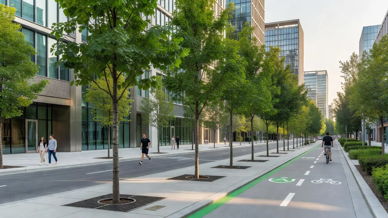街路に新たに整備された若木の並木